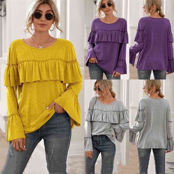 

spring summer loose leisure ruffle stitching o neck long-sleeved solid color tshirt women casual lotus sleeve t-shirt 210517, White
