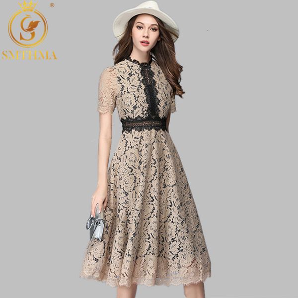

women luxury runway dress fashion elegant vestidos summer lace patchwork long dresses 210520, Black;gray
