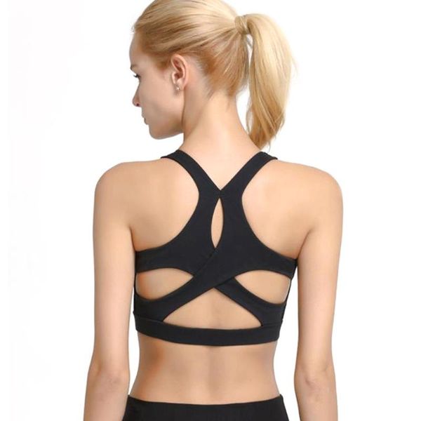 

gym clothing cross back elastic padded women sports bra soft breathable hollow running workout good impact support non wired yoga solid, White;black