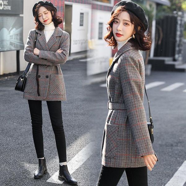 

women's wool & blends autumn winter women coat female long sleeve double breasted fashion ladies plaid print casual loose outerwear a16, Black