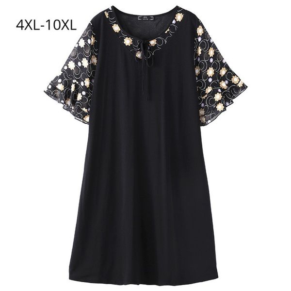 

dresses plus size 10xl 8xl 6xl women half sleeve summer autumn dress femme elegant print chiffon patchwork black cut&sew slim dresses, Black;gray