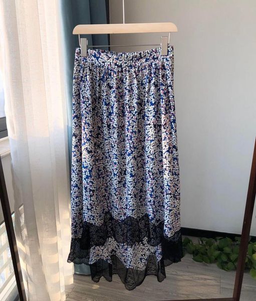 

skirts spring/summer 2021 retro floral lace trimming stitching irregular silk midi skirt, Black
