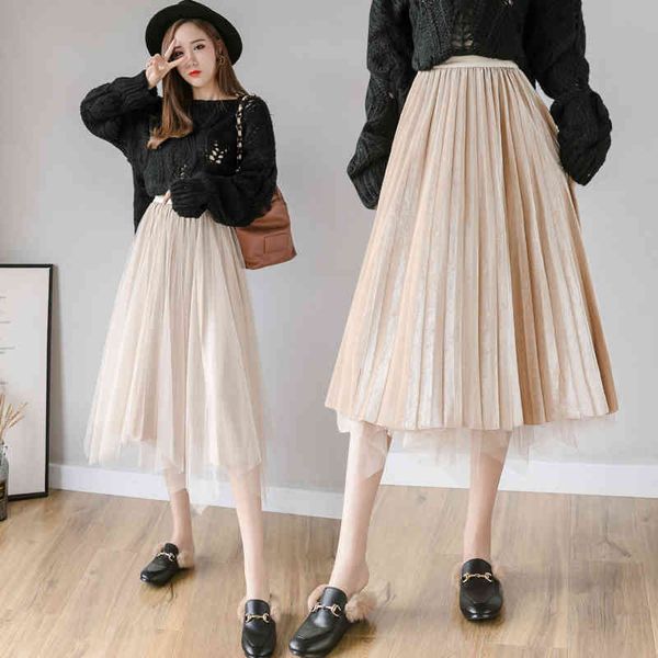 

women pleuche skirts two layered fashion female casual maxi pleated autumn winter mesh double-sided wear 210423, Black