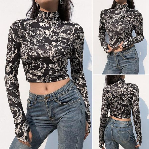 

women's t-shirt fashion dragon print slim high neck long sleeve black, White