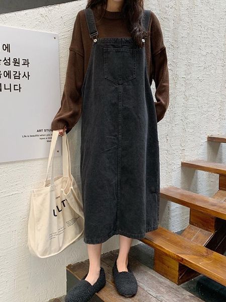 

casual dresses loose vintage denim strap for women 2021 autumn and winter korean version age reduction western style dress, Black;gray