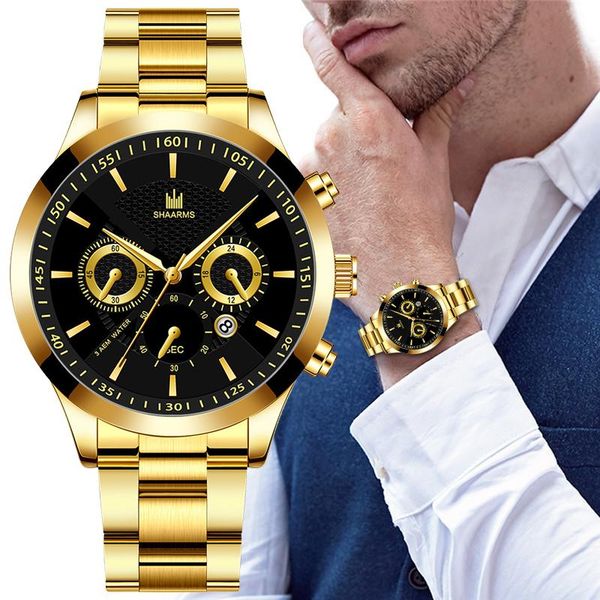 

wristwatches luxury shaarms men quartz watch gold stainless steel waterproof clock male calendar fashion sport business watches, Slivery;brown