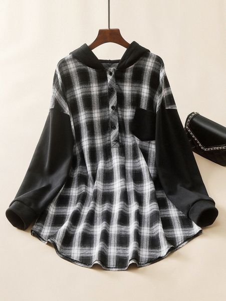

plus plaid print drop shoulder curved hem hoodie o6tc#, Black