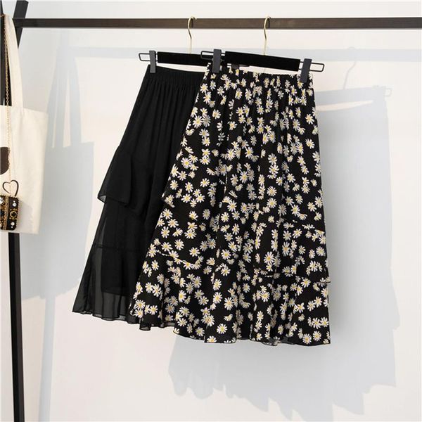 

plus size pants 100kg women chiffon skirts student all-match daisy printing elastic high waist sweet girls cake a-line skirt black 4xl
