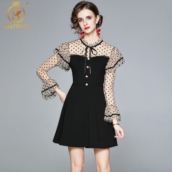 

autumn fashion runway designer dresses women's mesh ruffles flare sleeve patchwork vestido da festa 210520, Black;gray