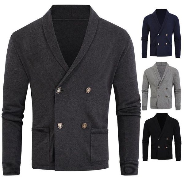 

men's sweaters 2021 autumn simple pure color double-breasted knit sweater england slim lapel men cardigan jacket tide, White;black