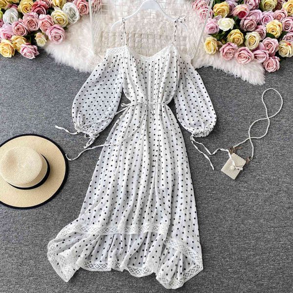 

bohemian white polka dot midi dress women long sleeve spaghetti strap chiffon summer female casual beach es 210426, Black;gray