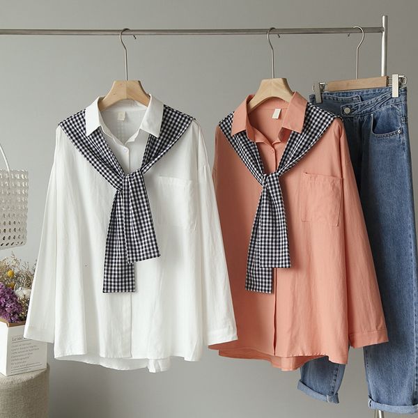 

prepy female style preppy font solid color long sleeve shirt + plaid shawl, White