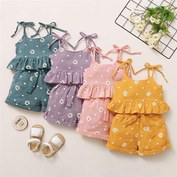 

clothing sets toddler girls clothes sleeveless bow tie strap daisy print camisole crop short for girl summer outfits, White