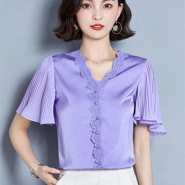 

women's blouses & shirts korean silk women woman lace beading blouse v neck plus size xxxl blusas femininas elegante, White
