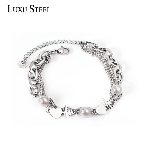

link, chain luxusteel imitation pearl double chains bracelet mujer pulsera women stainless steel silver color fashion bracelets accessories, Black