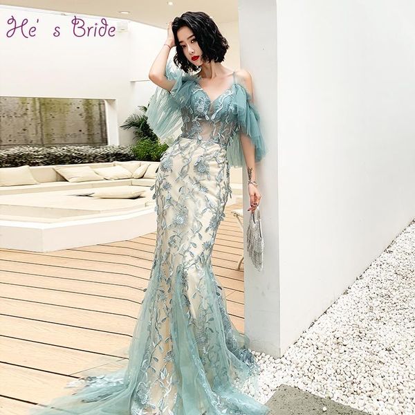 

party dresses he's bride gradient color mermaid floor-length sweep train back lace up evening dress long prom gown elegant vestidos, White;black