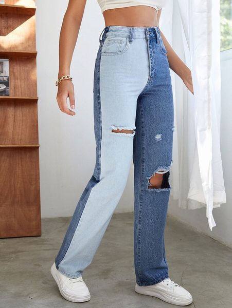 

high waist color block straight leg jeans 85fn#, Blue