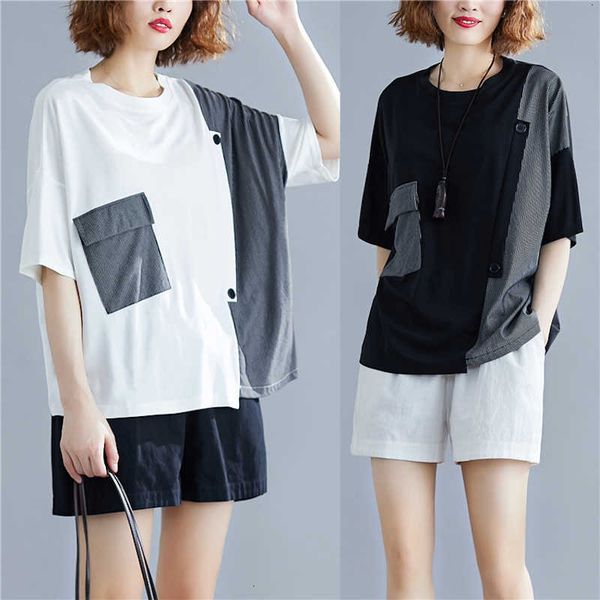 

women's t-shirt women summer fashion round neck short sleeve pockets patchwork asymmetric office lady casual oversize t-shirts oh3w, White