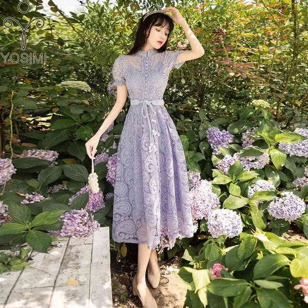 

yosimi summer lace long women dress purple vintage stand-neck evening party a-line mid-calf short sleeve dresses elegant 210604, Black;gray