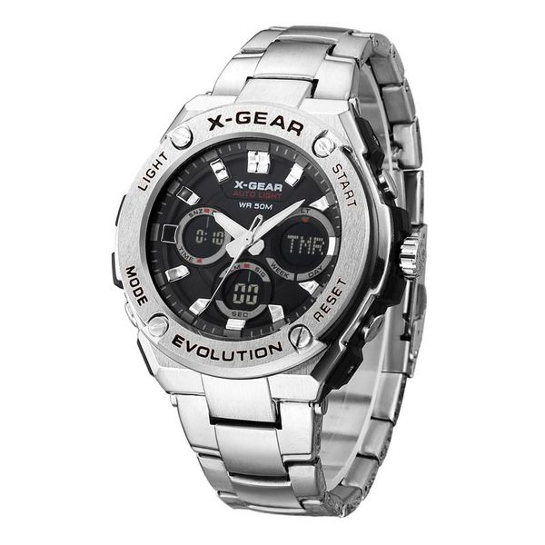 

wristwatches x-gear watch fashion casual multi functions dual display 30m waterproof luminous sports stainless steel men's, Slivery;brown