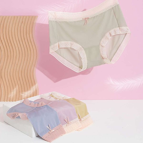 

summer traceless quick drying ice silk underwear women's modal bottom lace edge girl middle waist triangle pants, Black;pink