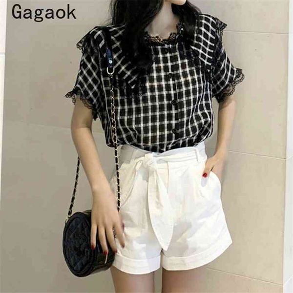

women sweet chiffon shirt summer arrival lace peter pan collar plaid loose retro chci wild and blouses 210531, White