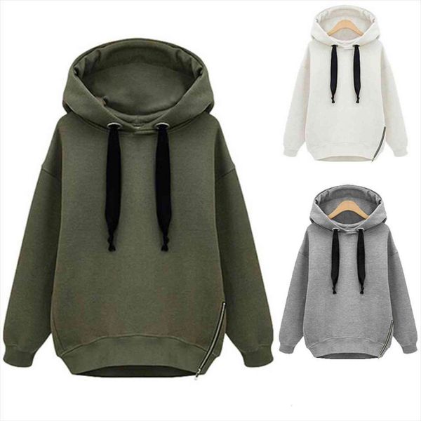 

plain thick solid warm women sweatshirts poleron mujer harajuku xxl oversized side zip hoodie drawstring, Black