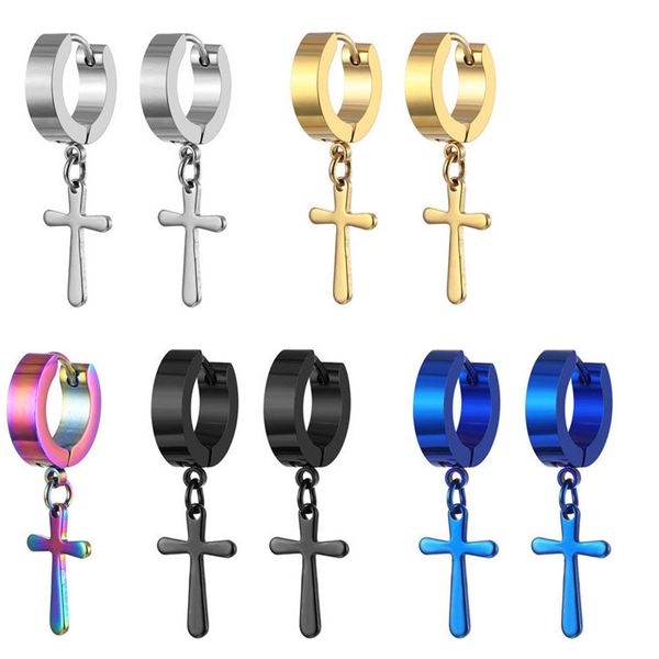 

5pairs punk black multiple styles stainless/titanium steel stud earrings for men and women gothic street pop cross hip hop ear jewelry, Golden;silver