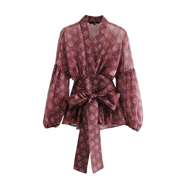 

women blouses fashion print with bow see through wrap vintage v neck long sleeve female 2021 shirts blusas chic women's polos, White