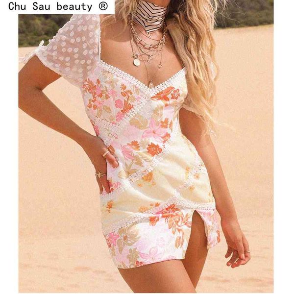 

fashion holiday style floral print split mini dress women summer casual lace patchwork deep v-neck dresses female 210508, Black;gray