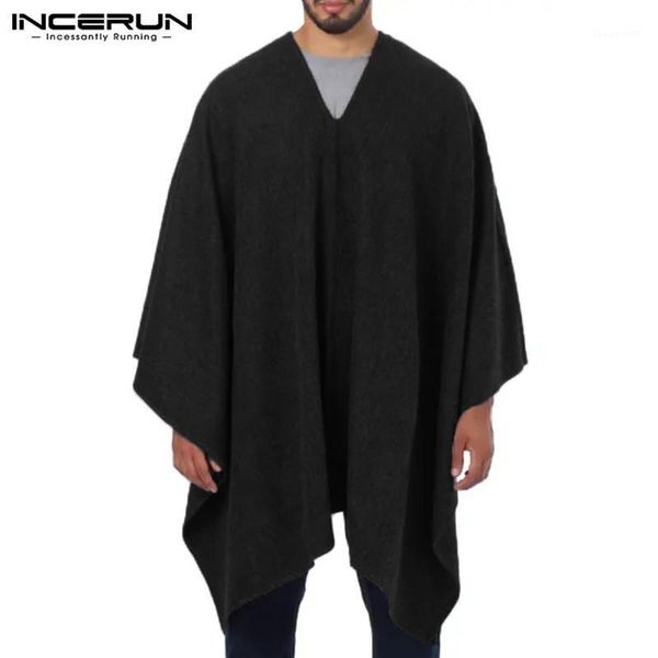

men's trench coats incerun solid color men cloak v neck 2021 loose faux fleece irregular ponchos streetwear casual pullovers s-5xl, Tan;black