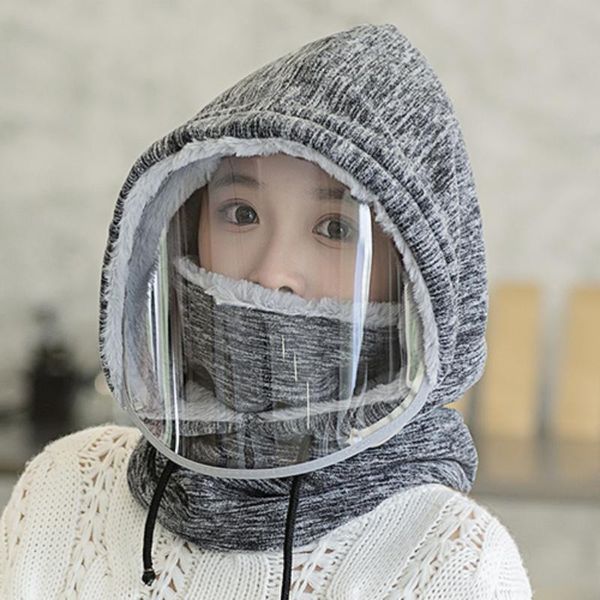 

outdoor hats winter warm fleece beanies men women skull neck warmer balaclava with face shield drawstring scarf hood hat, Black;white