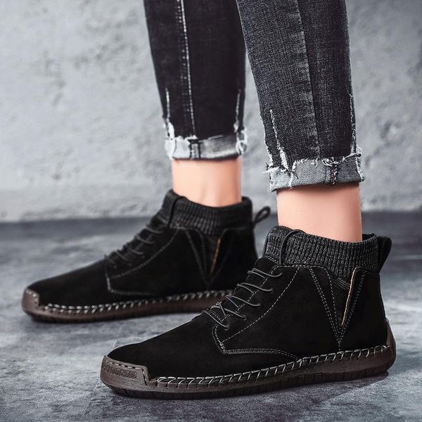 

boots coturno para botas flat boot loafers wear vintage fashion home sneaker shoes mens winter brown leather shoe italian sport, Black