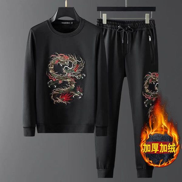 

men's tracksuits 2021 chinese style embroidery flying dragon blouse pants suit winter large size high-end atmosphere casual 2-piece set, Gray