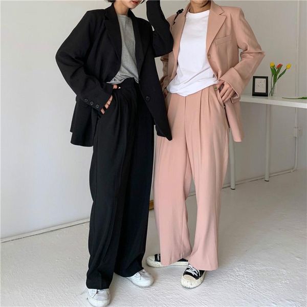 

women's suits & blazers chic loose 2 pieces set single-breasted notched jacket straight pant female blazer suit 2021 spring women, White;black