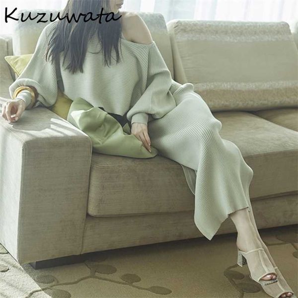 

kuzuwata autumn women's clothing elegant sweet vestidos knitted drawstring puff sleeve slim vest dresses 2pcs sets 211106, White