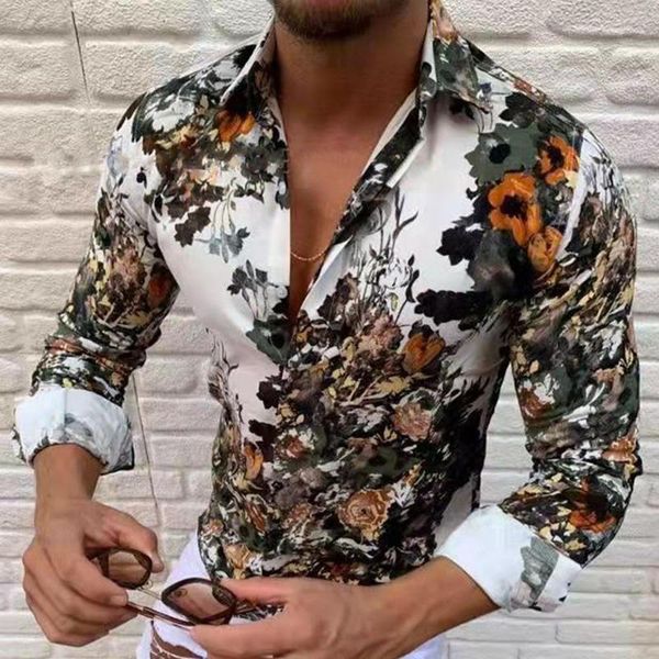 

men's casual shirts long sleeve fashion 3d foral print plus size shirt -3xl causal slim men european office for spring autumn, White;black