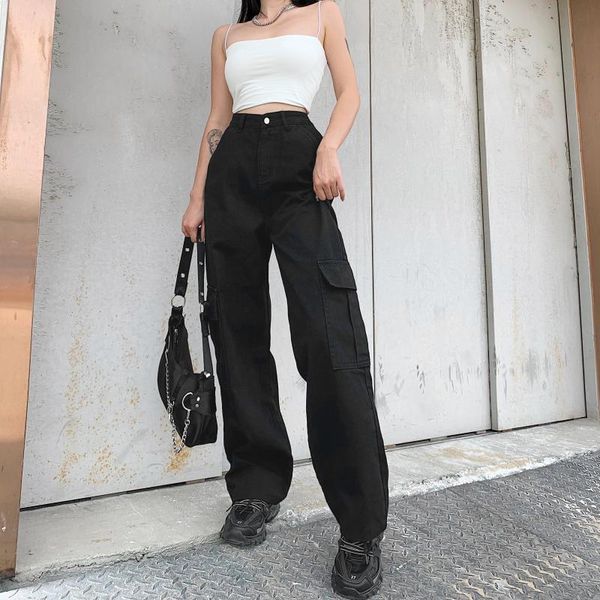 

women's jeans high street y2k waisted flap pocket wide leg cargo pants fashion loose straight denim trousers mom, Blue