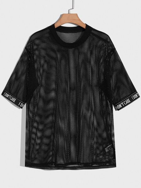 

men contrast slogan tape drop shoulder mesh tee p98i#, White;black