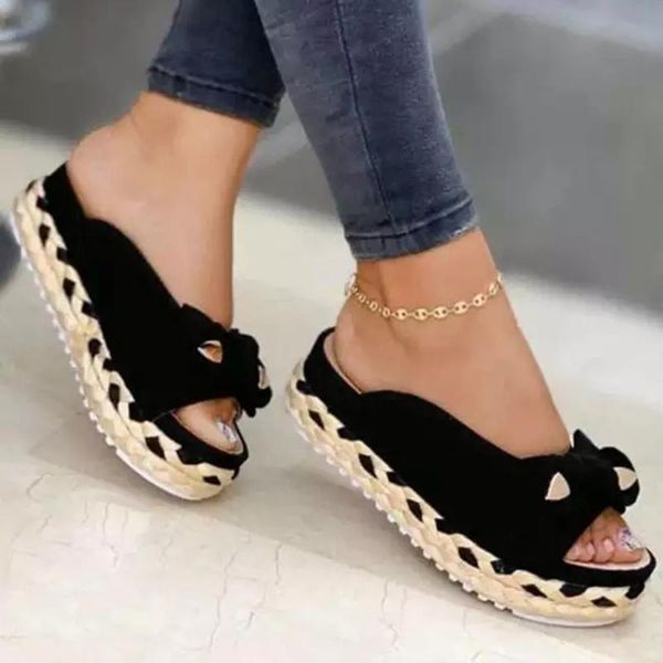 

slippers bowknot women 2021 platform shoes flip flop summer sandals woman wedges slides straw bottom claquette femme, Black