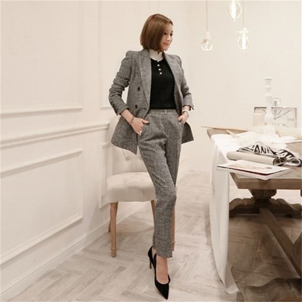 

autumn winter ol style deep gray women pant suit double breasted slim blazer & high waist pencil casual female 2 pieces set 210603, White