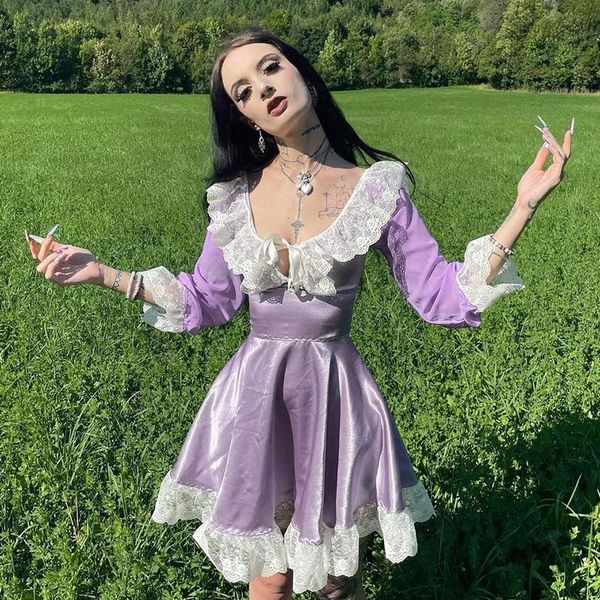 

casual dresses lolita dress cute egirl princess long sleeve lace patchwork bandage mini alternative clothing party, Black;gray