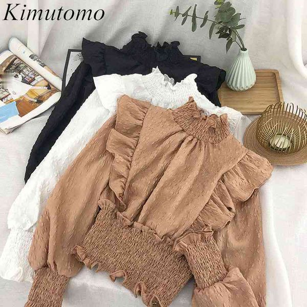 

kimutomo chic solid blouse women spring fashion female half turtleneck ruffled short thin shirt long sleeve elegant 210521, White