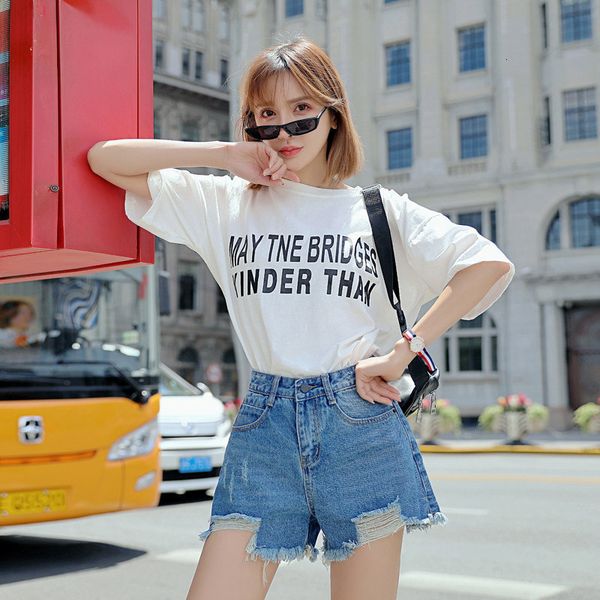 

high waist burr hole wide leg loose and thin jeans short for women a2, Blue