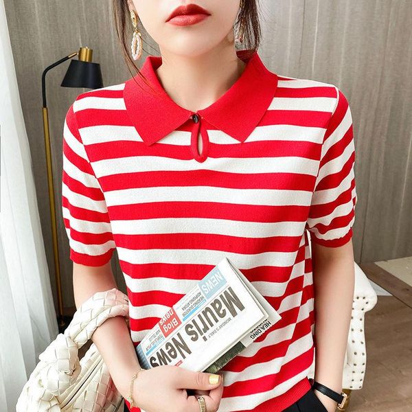 

women's t-shirt summer ice stripe lapel knitted short sleeve, White