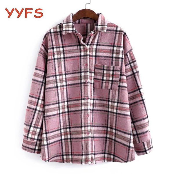 

women plaid overshirt vintage pockets wool coat autumn winter casual loose jacket female outerwear chic check women's jackets, Black;brown