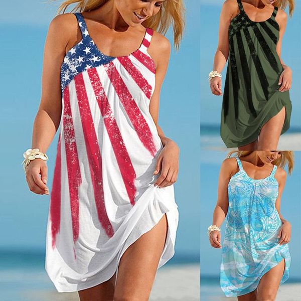 

1pc casual colorful independence day women's sleeveless tank printed knee length dress summer 2021 #10 dresses, Black;gray