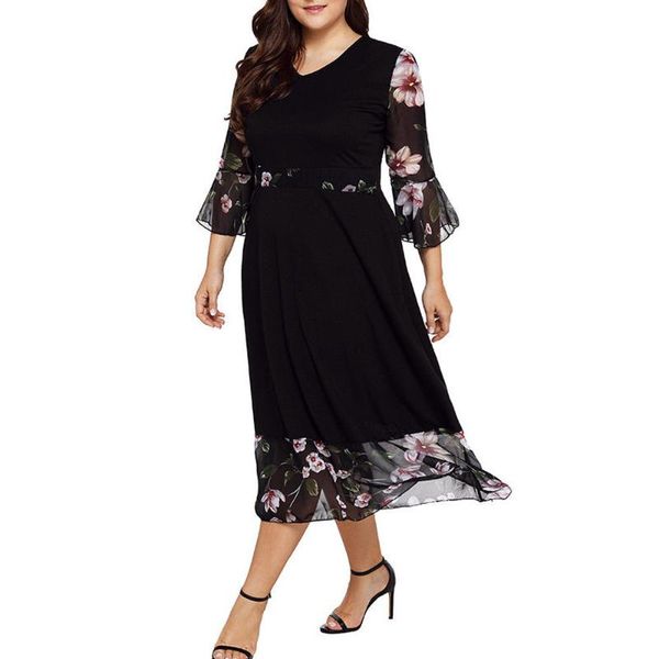 

casual dresses print black v-neck vestidos women v neck wrap chiffon floral long sleeve plus size elegant dress comfortable loose robe, Black;gray