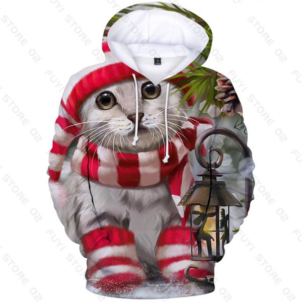 

christmas cat eating ice cream pattern men s 3d printing hoodie visual impact party punk gothic round neck sweater hoodie, Black