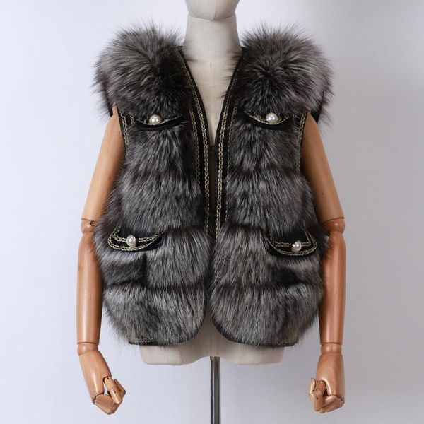 

women's fur & faux natural silver gilet ladies real vest women, Black